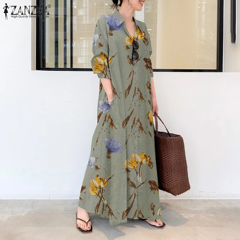 2023 ZANZEA Women Shirt Dress Autumn Lapel Neck Long Sleeve Maxi Sundress Elegant Office Work Solid Long Vestidos  