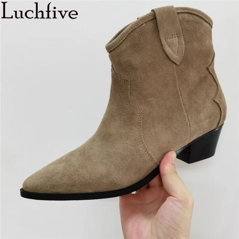 Classic Chelsea Women Ankle Boots Suede Leather pointy toe chunky heel Ankle Boots Simple Comfortable Runway Cowboy Boots female