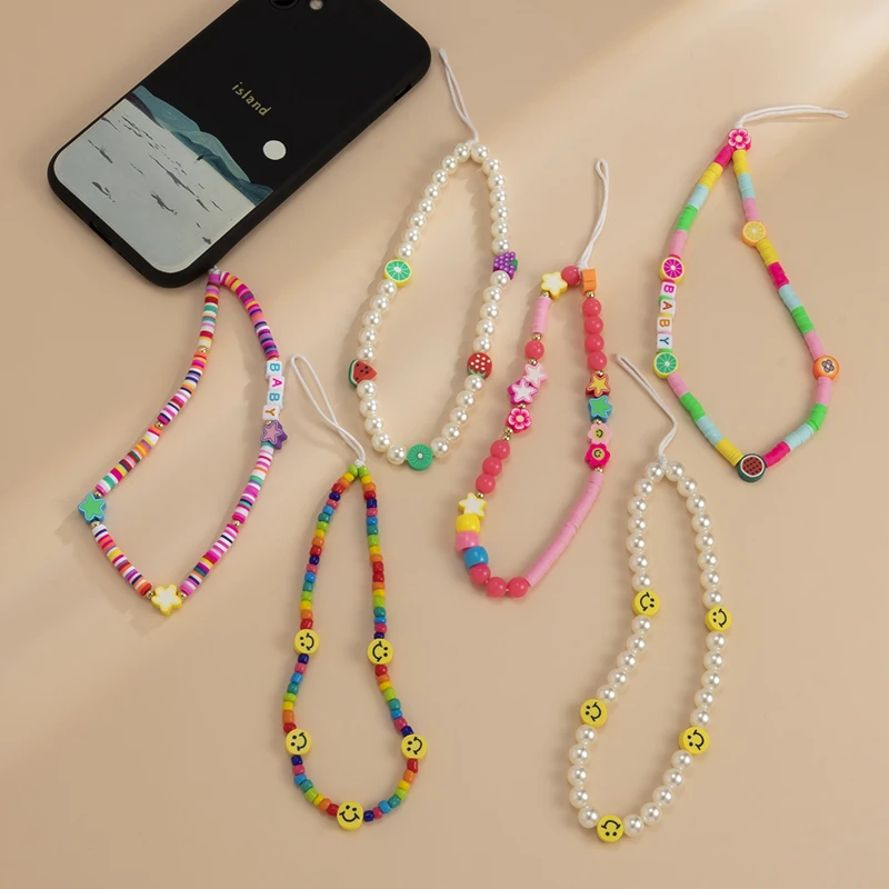 6styles Handmade Beaded Mobile Phone Chains Imitation Pearl Soft Pottery Smile Stars Flowers Phone Lanyards Ornament Pendant