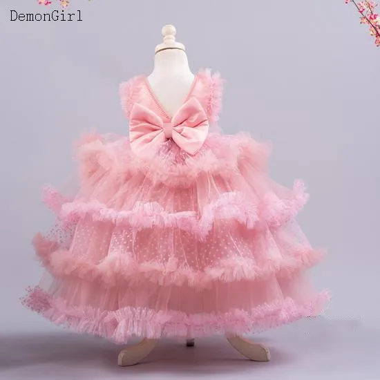 Süße Rosa Tiered Blumen Mädchen Kleider Bogen Puffy Tüll Kinder Pageant Ballkleid Kinder Geburtstag Kleid Erstkommunion