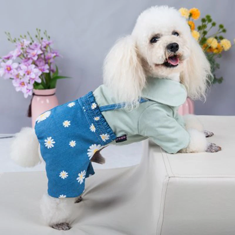 2020 New Winter Dog Coat Warm Comfortable Teddy Denim Clothes Small Flower Pets Cat Overalls Four-legged Clothing S-2XL