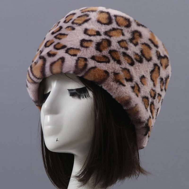 HT3451 Women Winter Hat Leopard Faux Fur Hat Ladies Thick Warm Winter Skullies Beanies Female Bomber Hat Flat Top Russian Hat