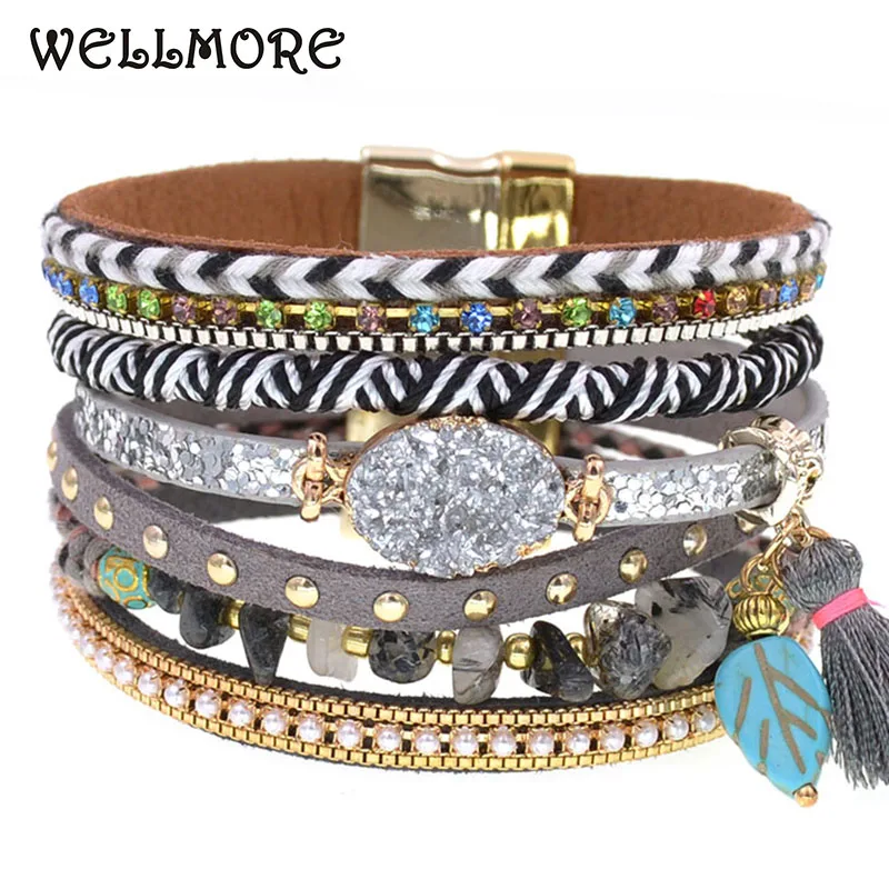 WELLMORE bohemia bracelets for women stone leather bracelets 3 size multilayer charm Bracelets & Bangles Female fashion Jewelry