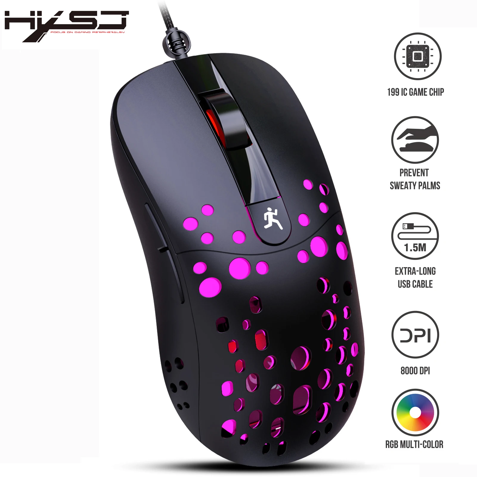 HXSJ A904 Ergonomic Wired Gaming Mouse 6-button RGB Luminous 8000dpi Hollow Design USB Mouse Computer Game For PC Laptop