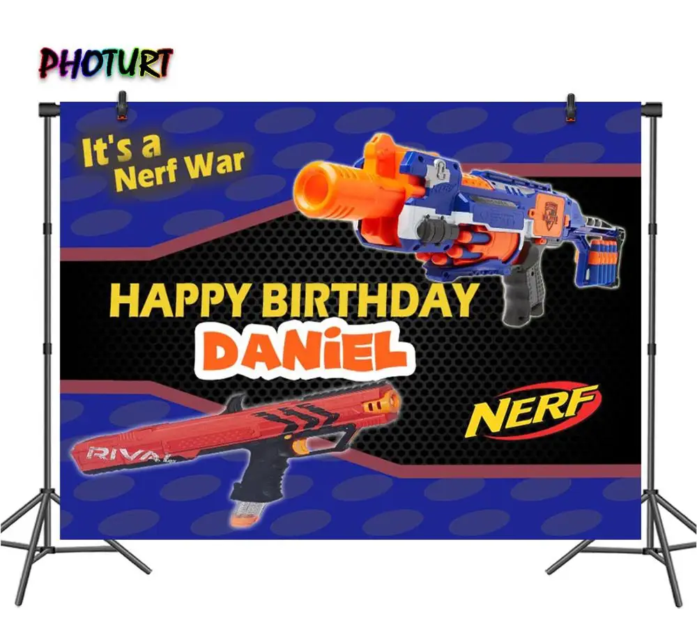 PHOTURT Nerf Gun Photography Backdrop Kids 1st Birthday Party Supply Background Blue Water Gun Toy Vinyl Photo Banner Props