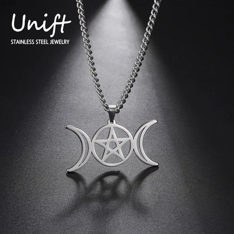 Unift Triple Moon Goddess Necklace For Women Men Wicca Pentagram Magic Supernatural Amulet Necklaces Stainless Steel Jewelry