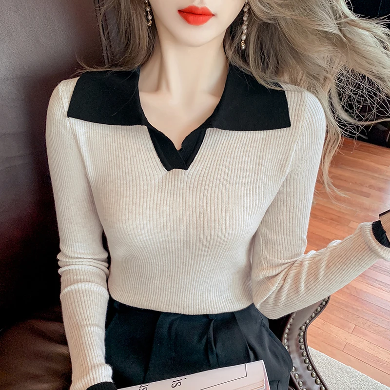 

Женский трикотажный свитер, Облегающая рубашка с отложным воротником и длинными рукавами, пуловер в Корейском стиле, осень 2021