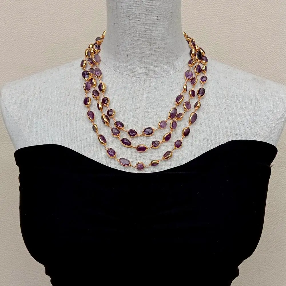 Y.YING 3 Strands Natural Amethyst Freeform With Electroplated wrap Necklace  18\