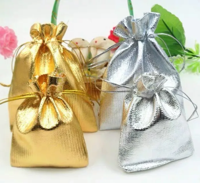 50pcs Jewelry Packing Gold Sliver Foil Cloth Drawstring Christmas Gift Packaging Gift Bags7x9cm 9x12cm Wedding Gift Bags Pouches