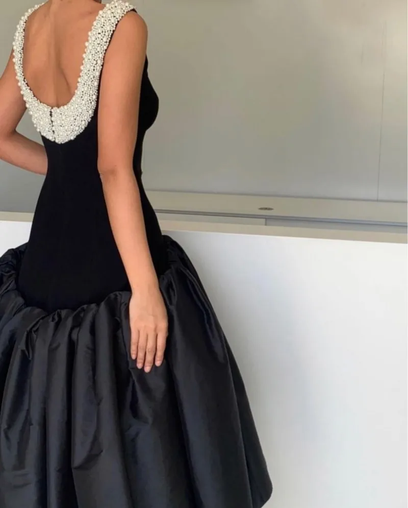 Robe De Soirée Sirène en Taffetas Noir, Tenue de Bal, Sexy, Longueur Thé, Perles, Encolure dégagée, Dos Bas, Forme Formelle, Quelle que soit la Robe De Soirée 123