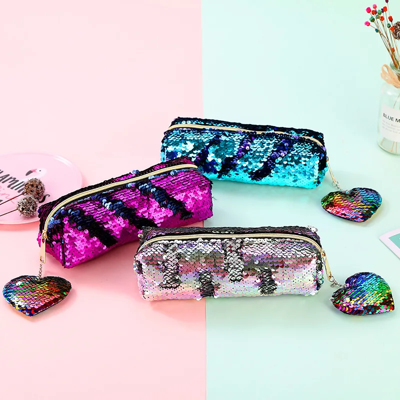 Sequin School Pencil Case for Girls Boys Penal Cute Love Pencilcase Cosmetic Pen Box Big Cartridge Box Stationery Kit Supplies