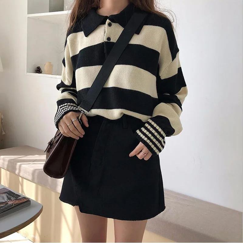 Harajuku Striped Hit Color Women Kintted Sweater Long Sleeve Casual Loose Female Pullover Top 2019 Spring Autumn Female Jumper