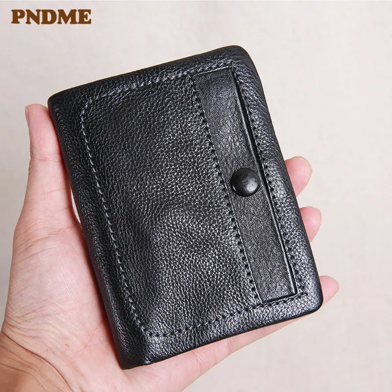 PNDME designer luxury genuine leather men women\'s wallet handmade soft first layer cowhide youth simple black short small purse