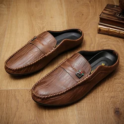 Italian Luxury Men's Slippers PU Leather Loafers Men Moccasins Casual Non-slip Man Shoes Summer Fashion Half Shoes For Men