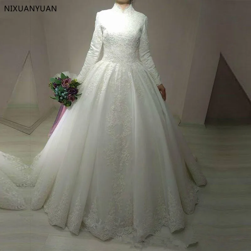 Vestidos 드 Noiva 신부 드레스 볼 가운 공주 레이스 이슬람 웨딩 드레스 긴 소매 빈티지 웨딩 드레스 로브 드 Mariage