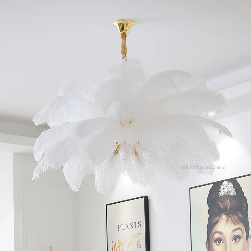 Plafonnier Suspendu en Plumes Bleu Paon et Blanc, Luminaire Décoratif d'Nik, Idéal pour un Salon, une Chambre à Coucher ou une Salle à Manger