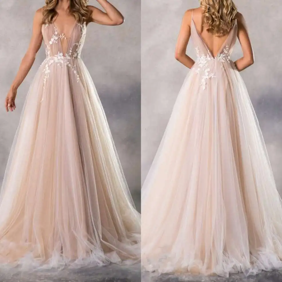 Robe de mariée en dentelle couleur Champagne, Vintage, ligne A, col en v, bretelles, style Boho, dos nu, sur mesure, 2020