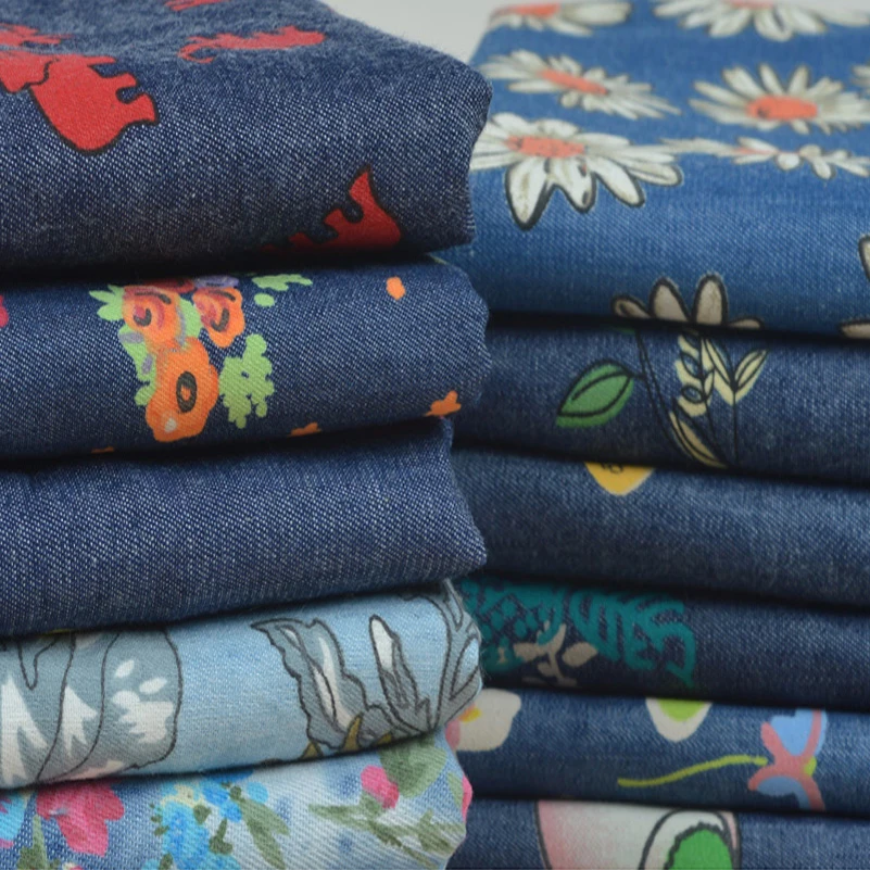 Summer Thin Non Elastic Blended Printed Denim Fabric for Quilting Sewing Clothes Skirt per Half Meter