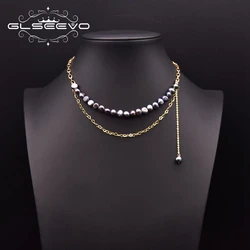 GLSEEVO Pure Natural Freshwater Baroque Pearl Necklace Handmade Black Pearl Female Necklace Wedding Party Jewelry Gift GN0292A