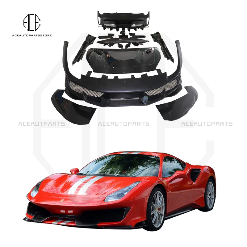 For Ferrari 488 FRP Unpainted/Carbon fiber front rear bumper Side Skirts Engine hood covers Bonnets rear spoiler wings pista bod