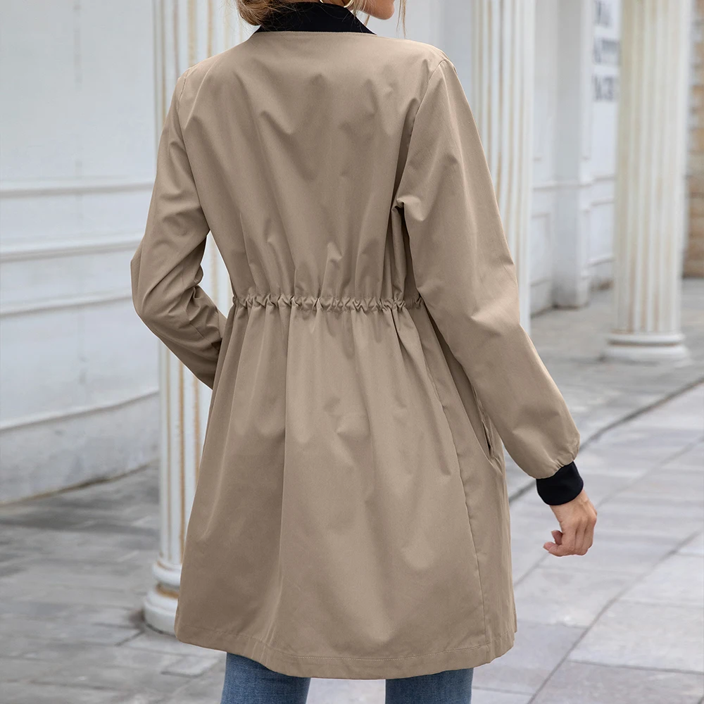 Women Outdoor Dust Coat Streetwear Slant Pocket Drawstring Waterproof Mid-length Trench Autumn Long Sleeve Stand Collar Cardigan