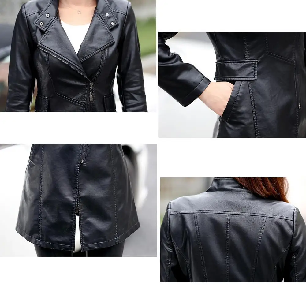 Jaket Mantel Kulit M-5XL Jaket Wanita Panjang Kain Perca Ramping Mode Pakaian Luar Sepeda Motor PU Kualitas Tinggi Musim Gugur Musim Dingin