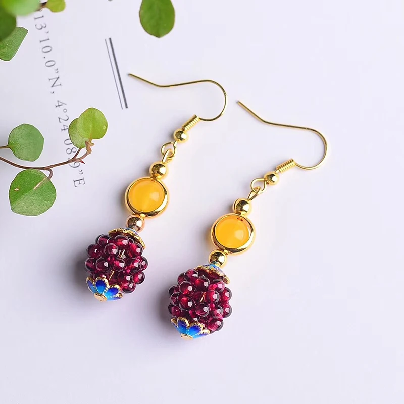 Vintage Ethnic Natural Garnet Handmade Hydrangea Drop Earrings For Women Colorful Dangle Earring Piercing Accessories Fine Gifts