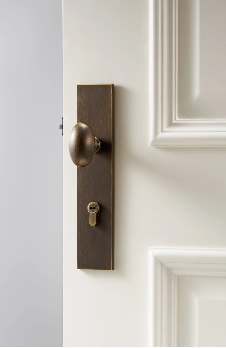Dooroom Messing Türschloss Set Moderne Ei Geformt Knopf Lange Platte Innen Schlafzimmer Bad Doppel Holz Tür Lever Set Dummy griffe – Detail 8