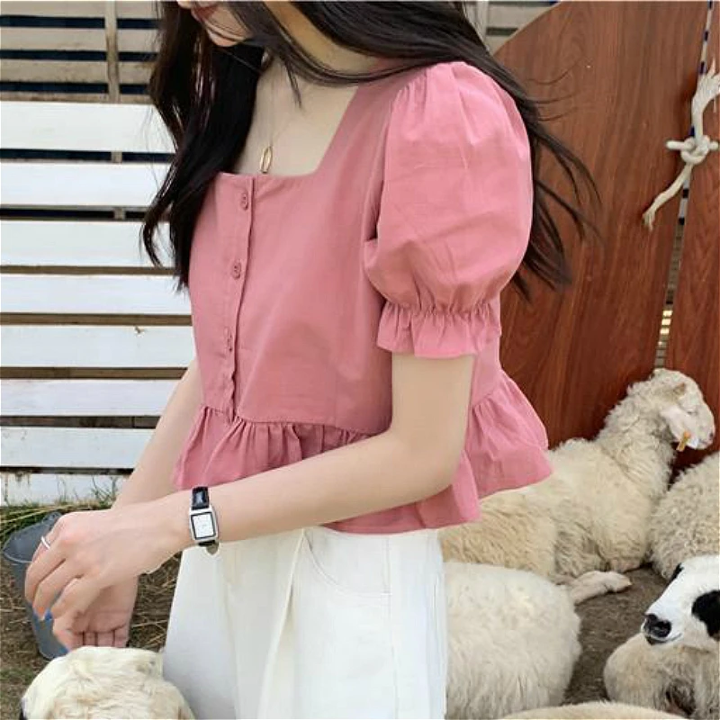 Blouses Women Lovely Ruffles Hem Ulzzang Puff Sleeve Design Ladies Crop Top Trendy Square Collar Holiday All-match Girls Blouse