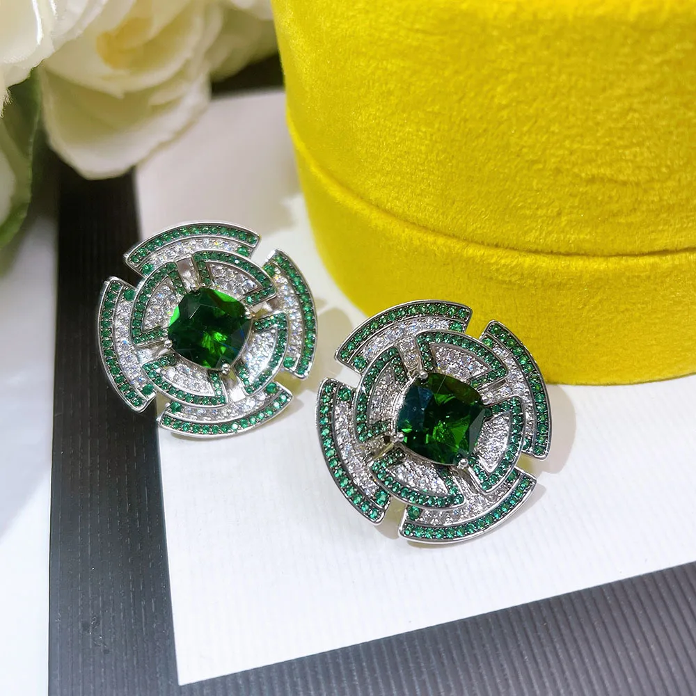 2021 New Green FIower Earrings Women's Temperament Elegant Popular Brand Jewelry AAA Zircon Shiny Party Dance Multilayer Design