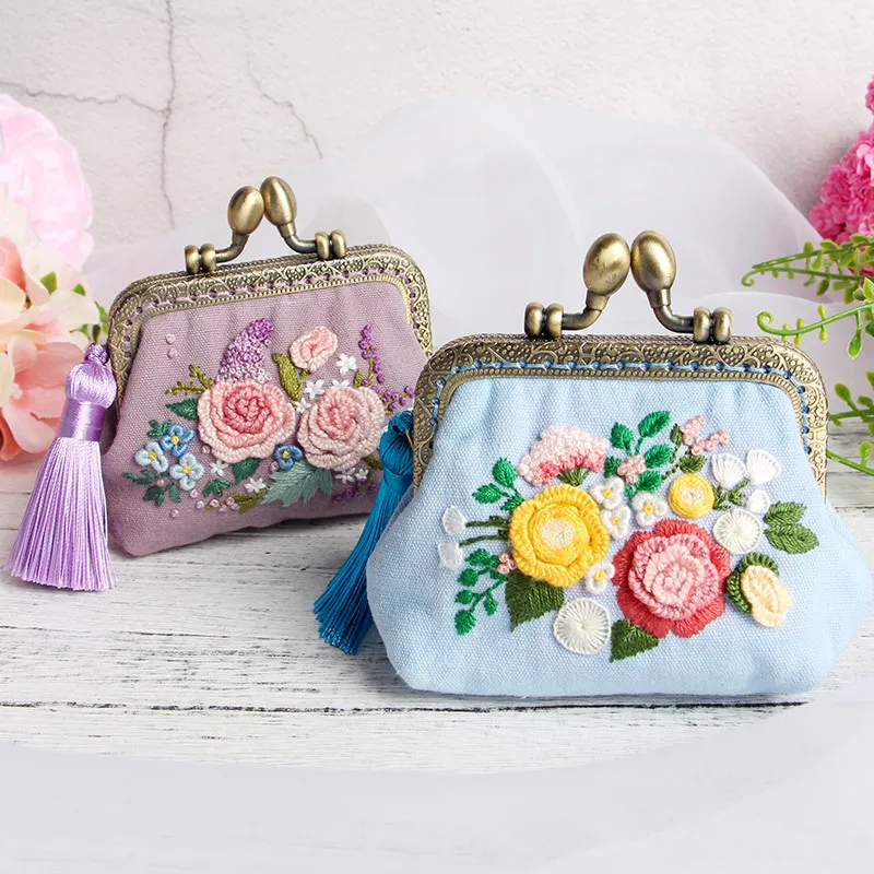 Embroidery DIY Ribbon Flowers Bags Purse Wallet Handbag, Cross Stitch Kit for Beginner Needlework Sewing Arts Craft Friend Gifts