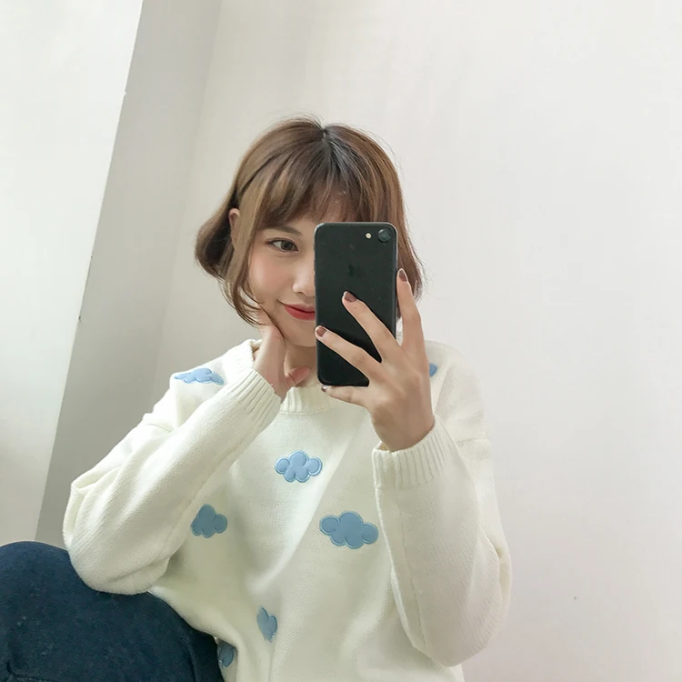 Women'S Kawaii Ulzzang Vintage College Loose Clouds Sweater Female Korean Punk Thick Cute Loose Harajuku Clothing For Women