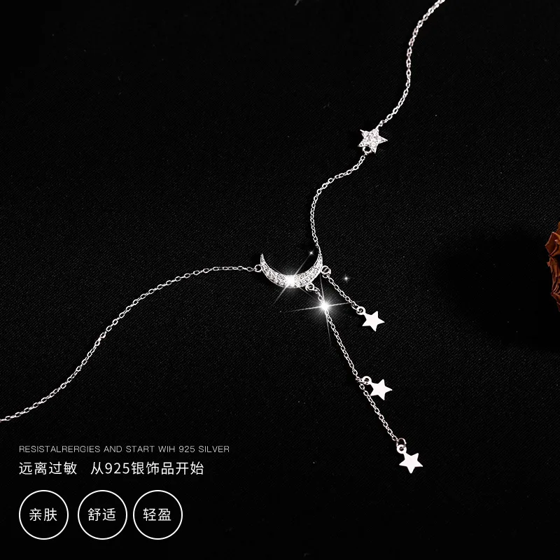 925 Sterling Silver Star Moon Simple Elegant Temperament Tassel  Necklaces For Women choker collares Wedding Jewelry Necklace