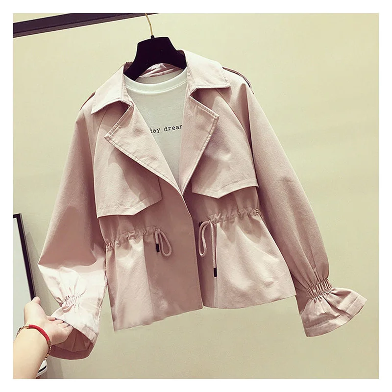 Women's Short Windbreaker With Lace-Up Coat 2025 New Spring Snd Autumn Outerwear Korean Loose Female Trench Coat Pink Fashion