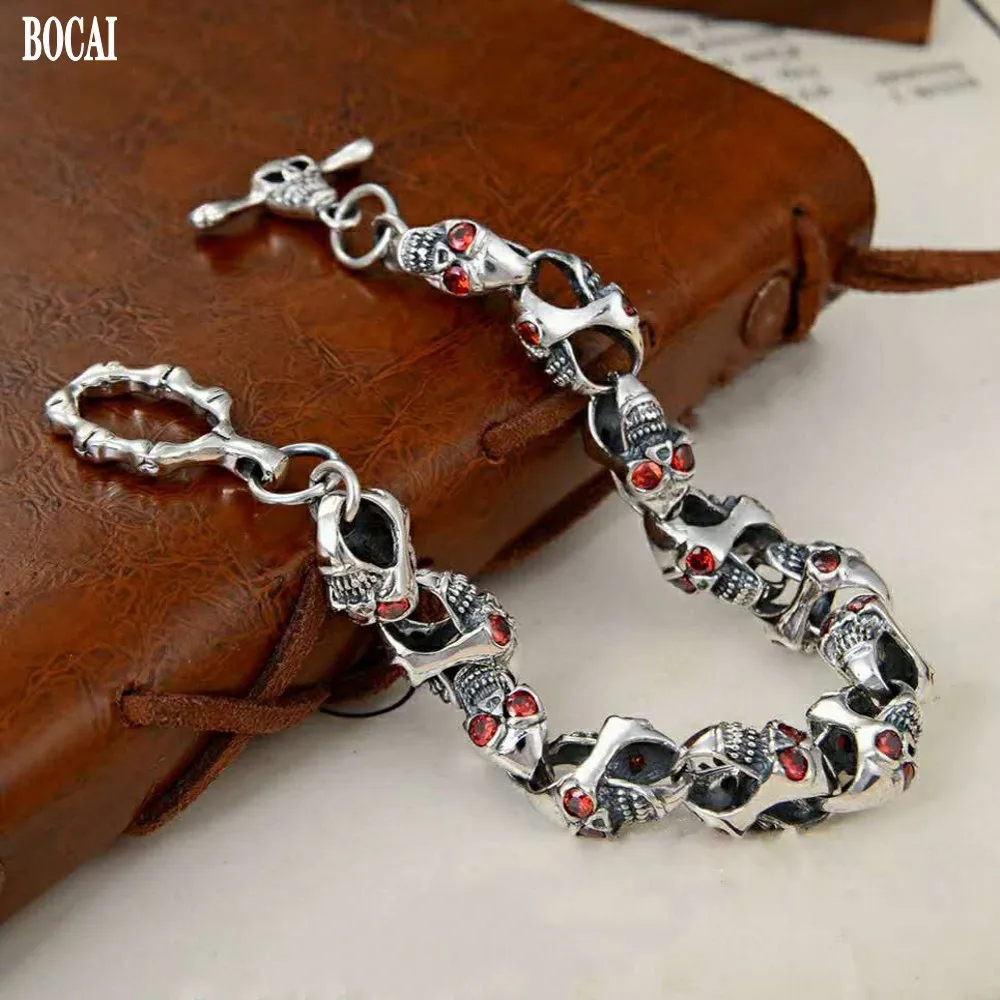 BOCAI Red diamond skull Man bracelet original personality retro simple New 100% S925 pure silver jewelry