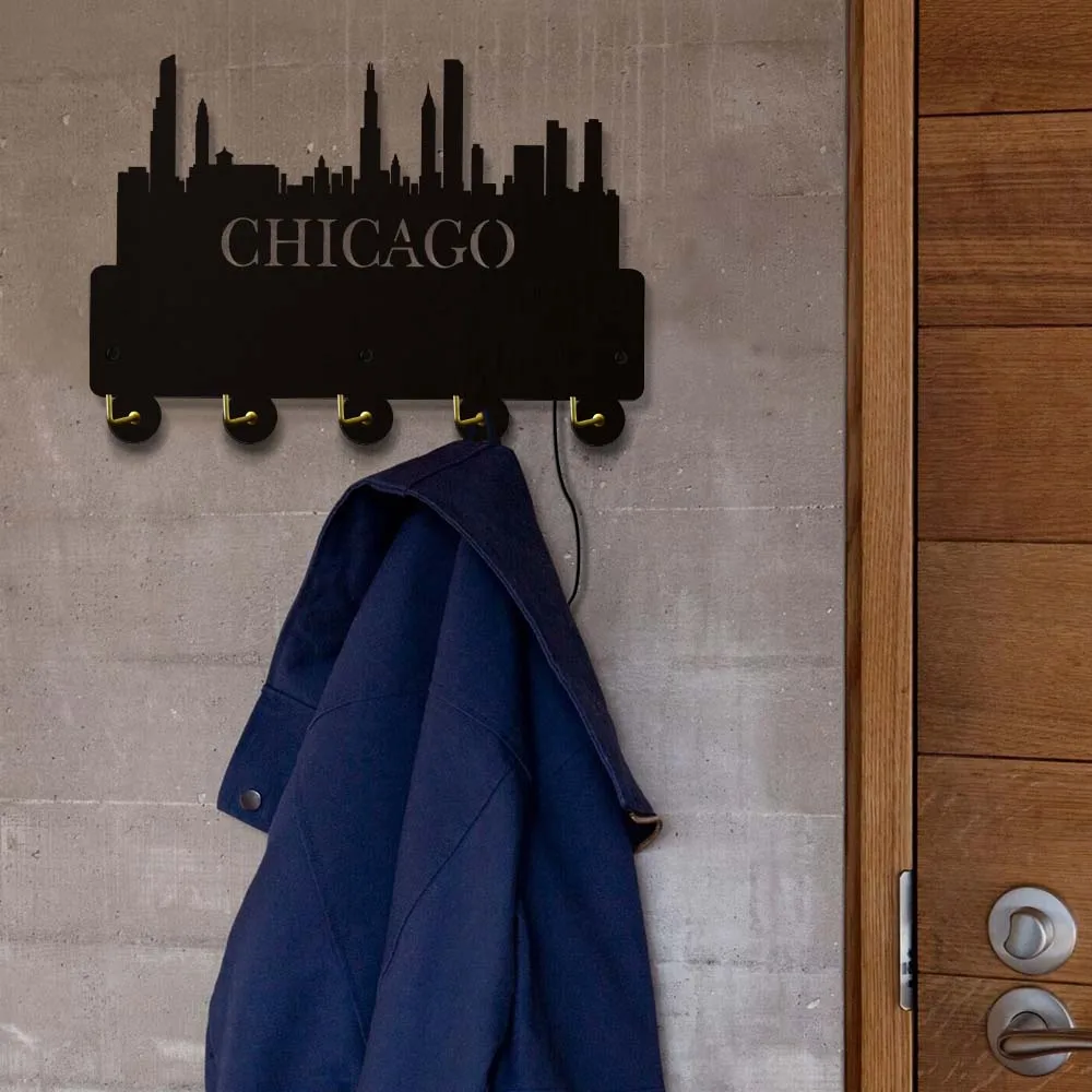 Chicago Skyline Key Organizer with 5 Key Hooks Chicago Cityscape Windy City LED Lighted Wall Art Home Decor for Entryway Mudroom