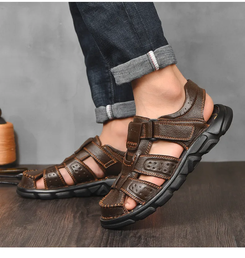 Echt leder Freizeit schuhe für Männer hochwertige klassische Herren Sandalen Sommer Outdoor Walking Herren Turnschuhe atmungsaktive Herren Sandalen – Detail 17