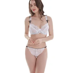 New Sexy Ultra-Thin Transparent Bra Sets ABCDE Cup Underwear For Womens Push Up Brassiere Thong Unlined Lace Floral Lingerie