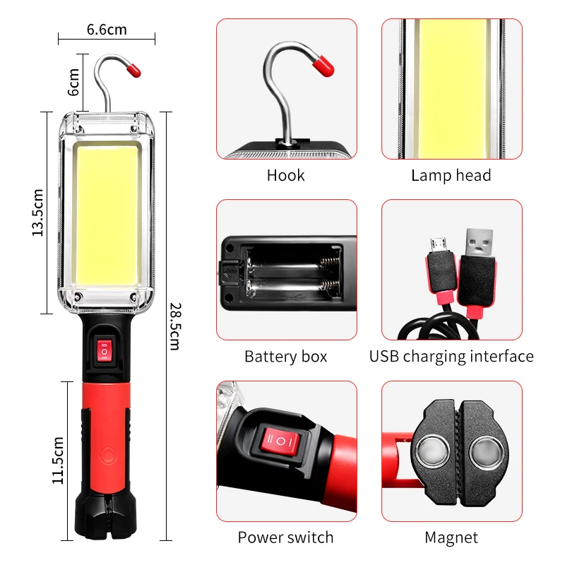 차량용 방수 휴대용 랜턴 LED 작업등 후크 자석 캠핑 램프, COB USB 충전식 18650 손전등 토치, 5200mAh