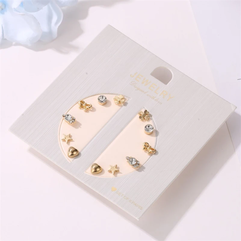 6 Pcs / Set Bowknot Star Moon Clear Crystal Heart Shape Geometric Circle Hexagon Alloy Stud Earrings Women Jewelry Accessories