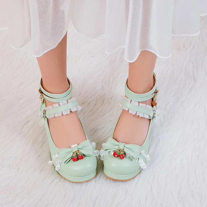 Women Cute Lolita Cosplay Shoes Bow Mid Chunky Heel Heart Strap Platform Mary Jane Pumps Kawaii Sweet School Girl Strawberry