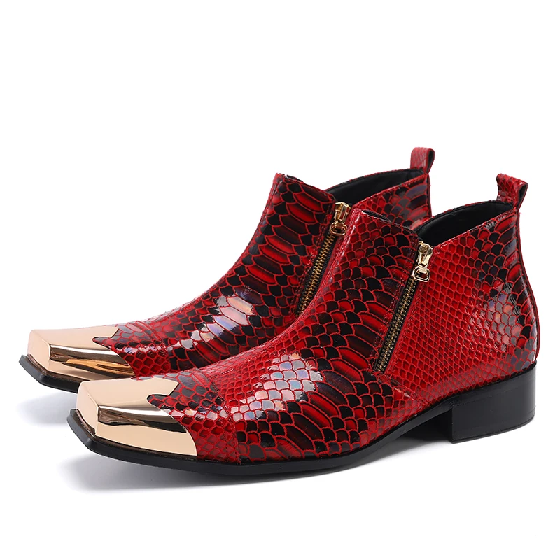 Winter British Genuine leather Ankle Boots For Men Red Snake Skin Square Toe Metal Military Boots Motorcycle Dress Party Man