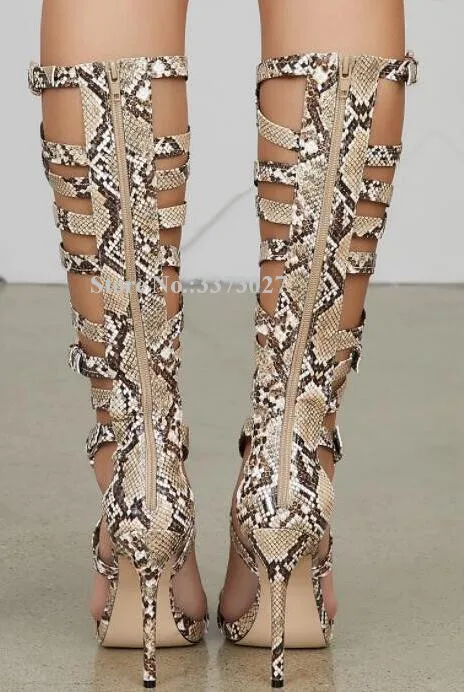 New Snakeskin Leather Knee High Sandals Boots Lady Sexy Design Hollow Out Stiletto Heel Gladiator Sandals Long Boots Women