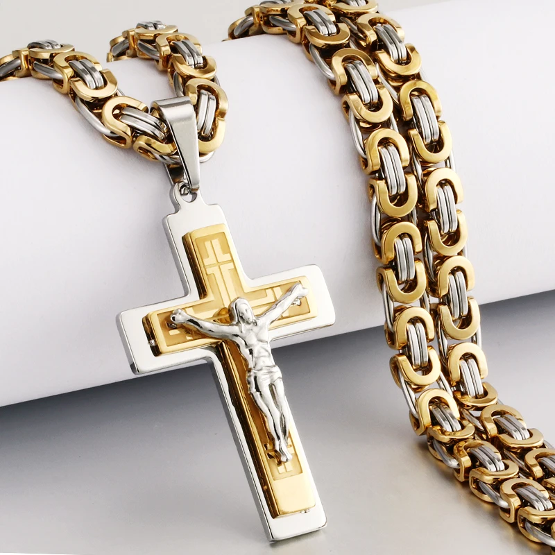 Religious Men Stainless Steel Crucifix Cross Pendant Necklace Heavy Byzantine Chain Necklaces Jesus Christ Holy Jewelry Gifts