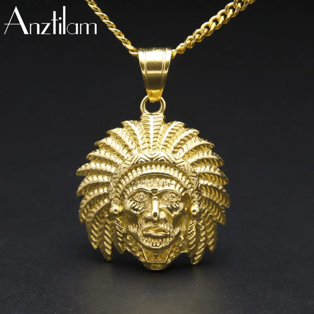 Hip Hop Indian Chief Head Charm Goth Pendant & Necklaces With Long Chains For Men Jewelry Gifts
