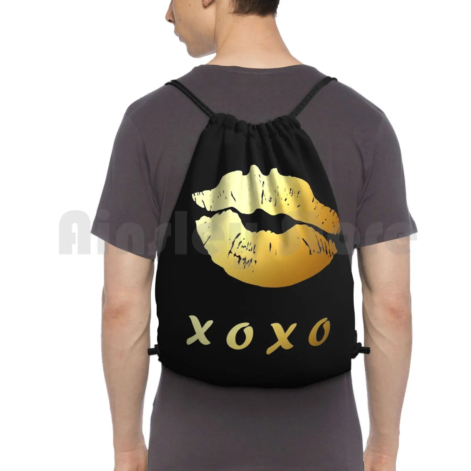 Gold Lips Xoxo Hugs And Kisses ( Black ) Backpack Drawstring Bag Riding Climbing Gym Bag Stylish Gold Lips Makeup Xoxo Hug