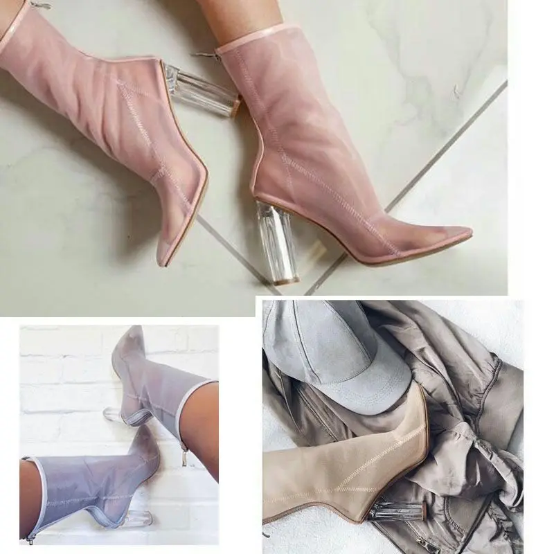 Summer Clear Thick Heels Woman Boots Sexy Breathable Mesh Pointed Toe Ankle Boots Zipper High Heel Sandals Botas Mujer Shoes