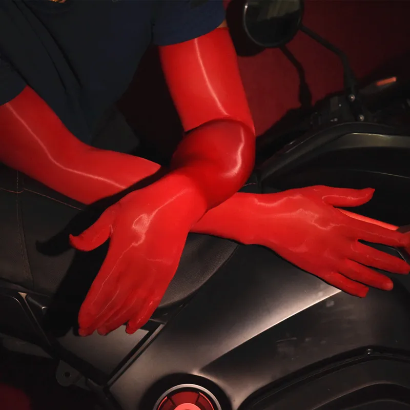 Men Sissy Cross Dress Fetish Wear Elasticity Seamless Oil Glossy Ultrathin Transparent Silky Five Fingers Separated Long Gloves