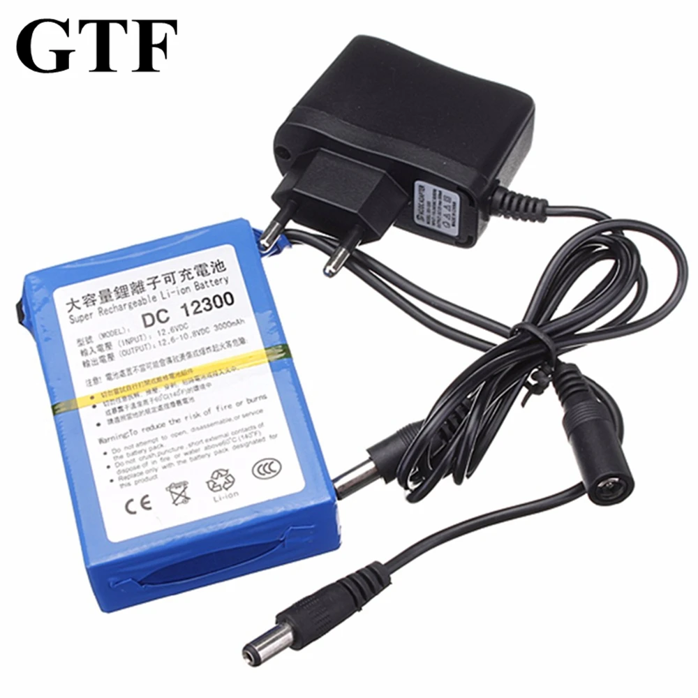 GTF 12V 3000mAh Li-Ion Rechargeable Battery with AC Power Charger EU/US Plugs For Camera Mobile audio Electric toys LED light