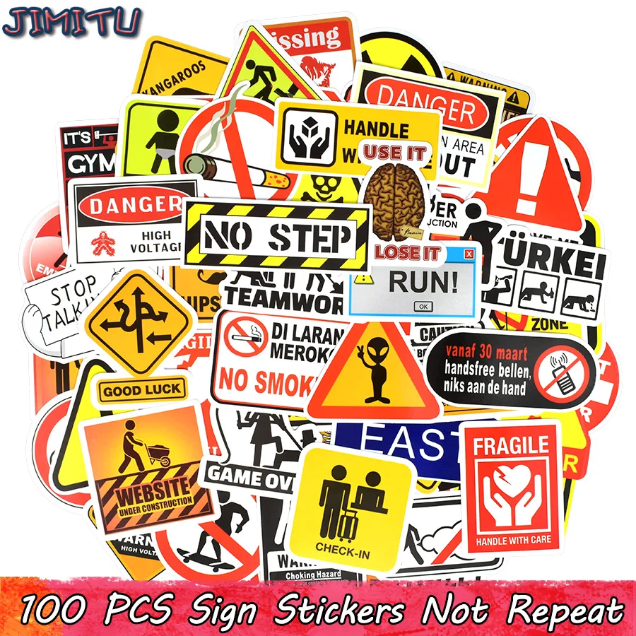 100 PCS Warning Sign Sticker Symbol Reminder Mark Label Stickers Scrapbook Notebook Suitcase Laptop Fridge Bicycle Motorcycle